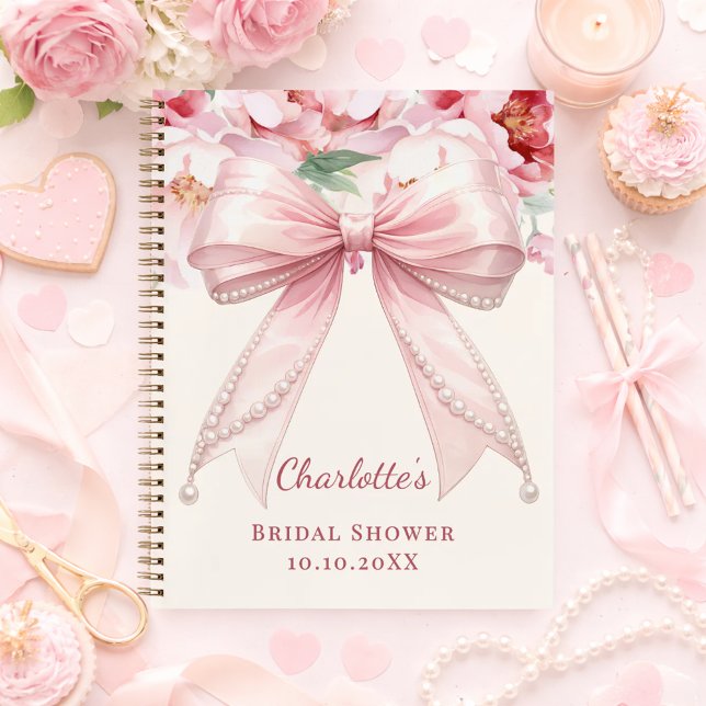 Guest book Bridal Shower pink bow florals pearls (Creator Uploaded)