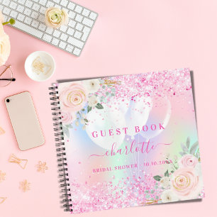 Guest book bridal shower pink florals holographic