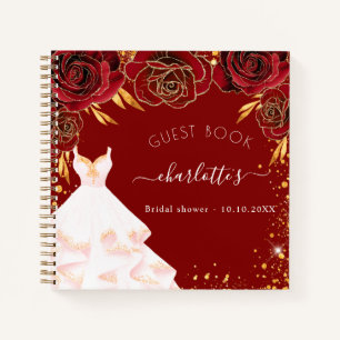 Guest book bridal shower red gold white dress 