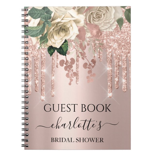 Guest Book Bridal Shower Rose Green Glitter Drips (Front)