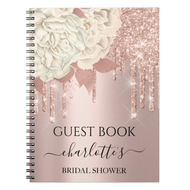 Guest Book Bridal Shower Rose Ivory Glitter Drips (Front)