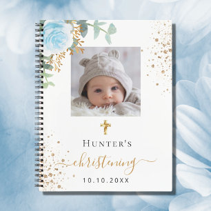Guest book christening photo blue floral boy