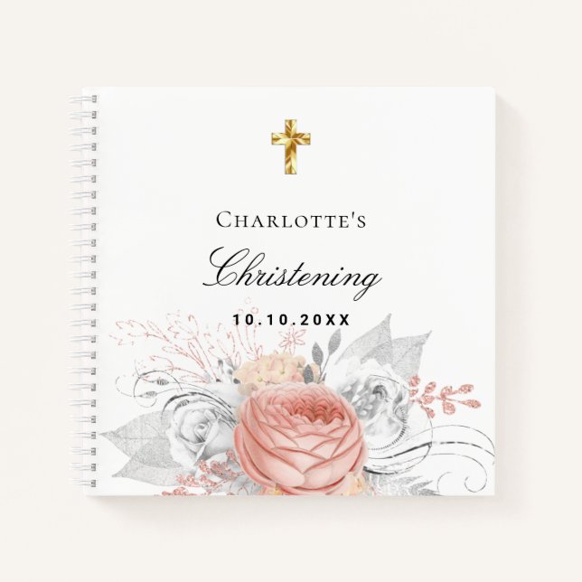 Guest book christening rose gold florals silver (Front)