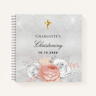 Guest book christening rose gold florals silver