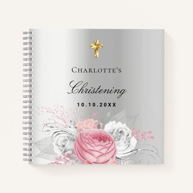 Guest book christening silver pink girl flowers (Front)