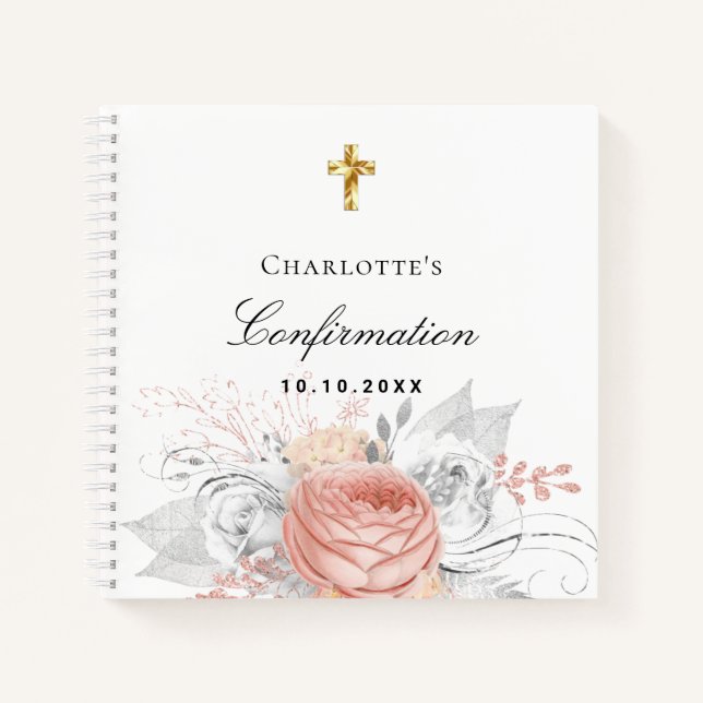 Guest book confirmation rose gold floral silver (Front)