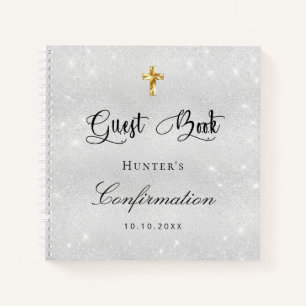 Guest book confirmation silver glitter name script
