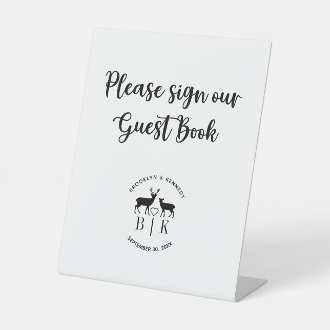 Guest Book Deer Monogram Rustic Country Wedding Pedestal Sign (Front)