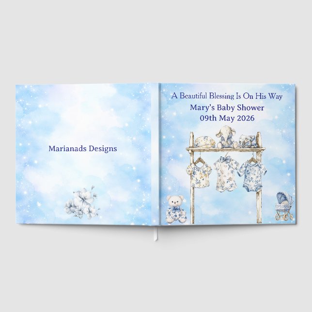 Guest Book-Editable Blue Chinoiserie Baby Shower  Book (Full)