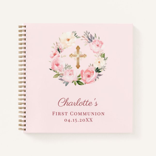 Guest book First Communion blush pink florals (Front)