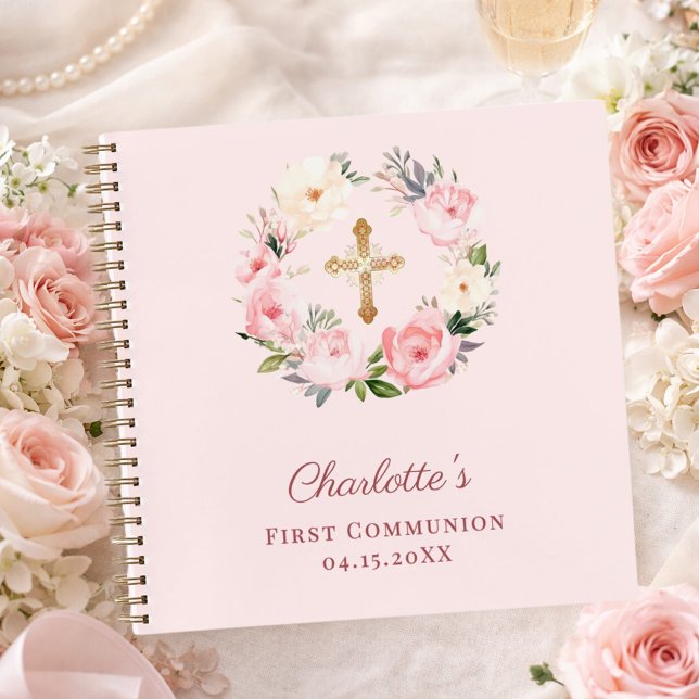 Guest book First Communion blush pink florals (Creator Uploaded)