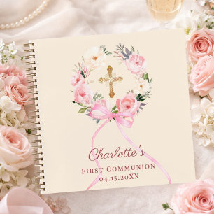Guest book First Communion ivory blush bow floral