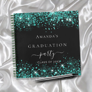 Guest book graduation black teal green glitter