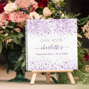 Guest book graduation party violet white glitter