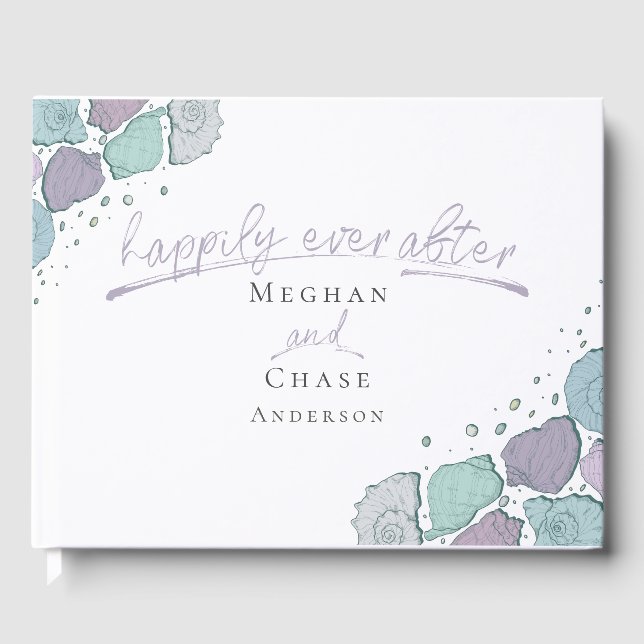 Guest Book Happily Ever After Seashells Lilac Blue (Front)