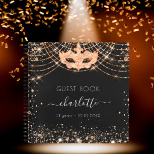 Guest book masquerade black gold glitter birthday