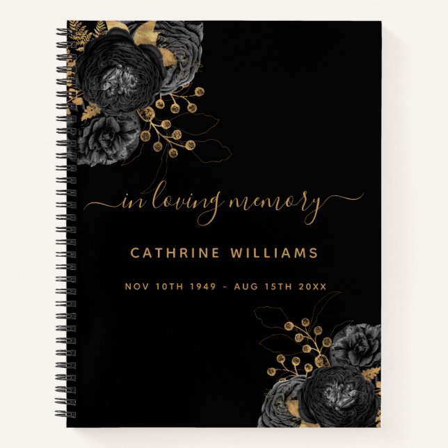 Guest book memorial black gold floral name funeral (Front)
