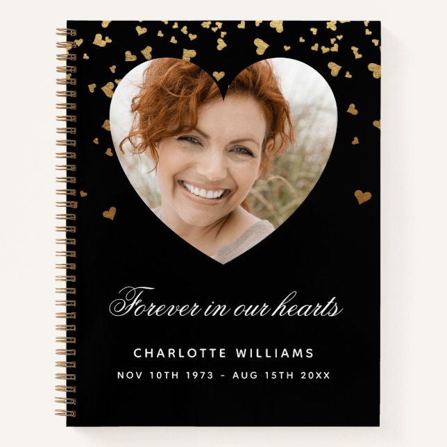 Guest book memorial black gold hearts photo (Front)