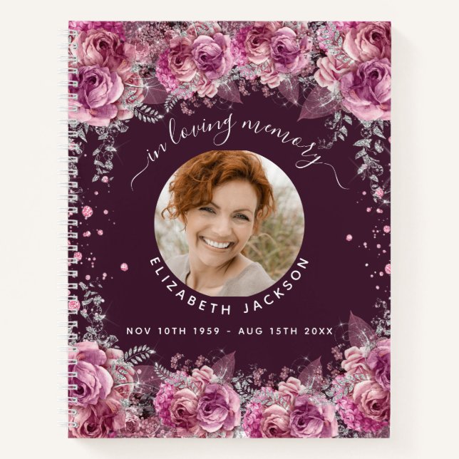 Guest book memorial burgundy florals photo funeral (Front)