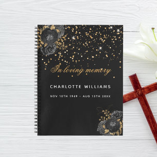 Guest book memorial funeral black gold floral