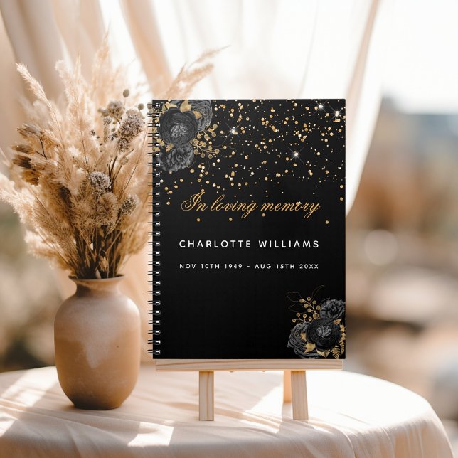 Guest book memorial funeral black gold floral  (Creator Uploaded)
