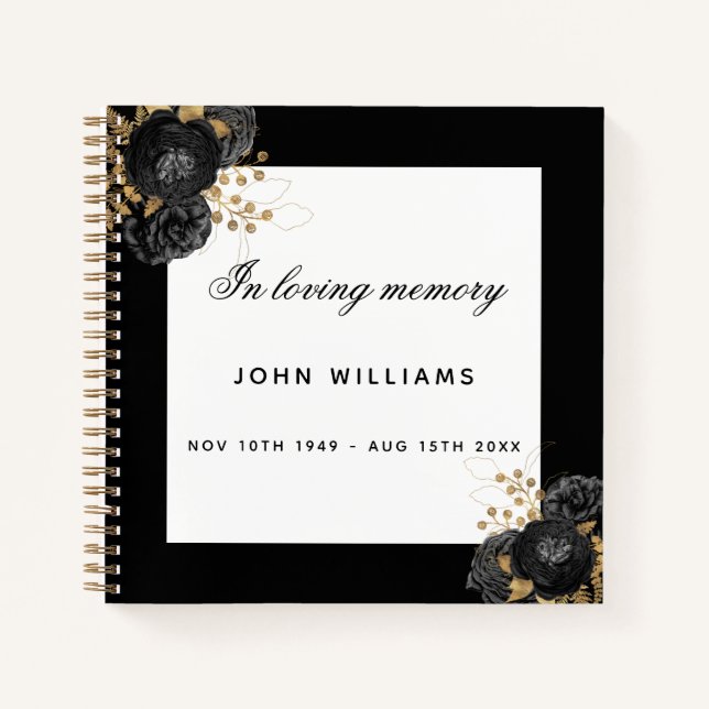 Guest book memorial funeral black white floral (Front)
