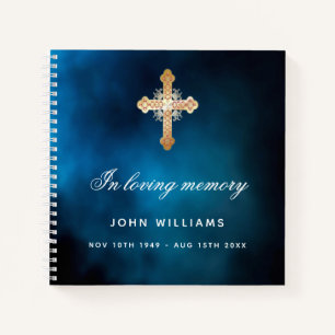Guest book memorial funeral blue sky gold cross