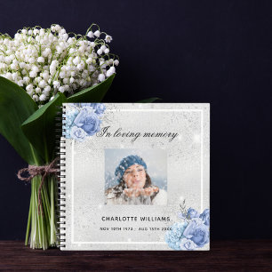 Guest book memorial funeral silver floral photo