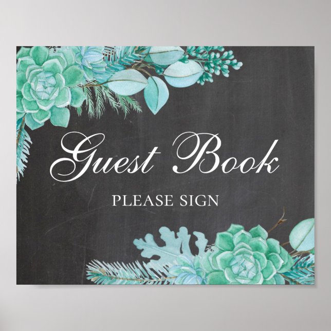 Guest book. Mint succulent. Chalkboard wedding Poster (Front)