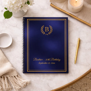 Guest Book navy blue gold Monogram wreath Birthday