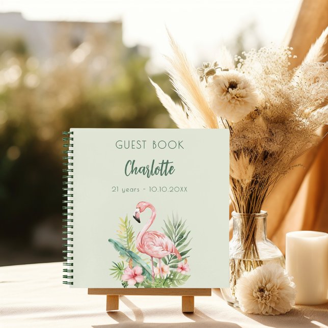 Guest book pink flamingo sage green birthday party (Creator Uploaded)