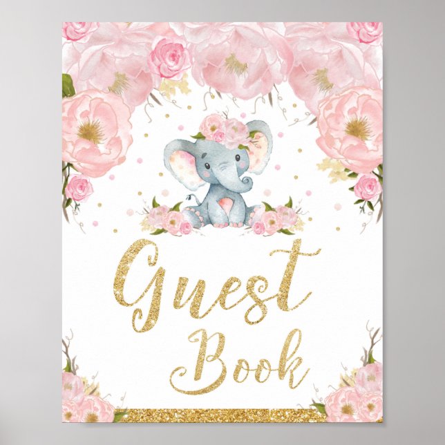 Guest Book Pink Floral Elephant Baby Shower Sign (Front)