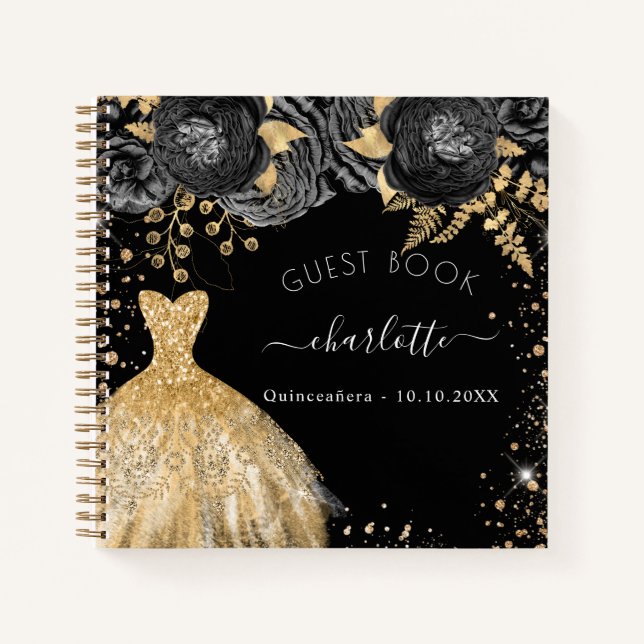Guest book Quinceanera black gold glitter dress  (Front)