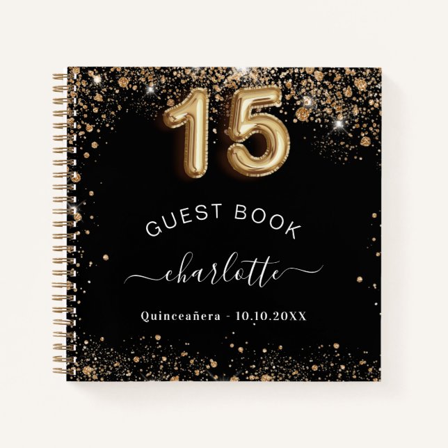 Guest book Quinceanera black gold glitter name (Front)