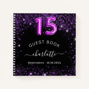 Guest book Quinceanera black purple glitter name