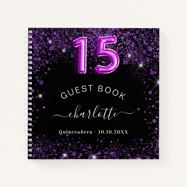 Guest book Quinceanera black purple glitter name (Front)