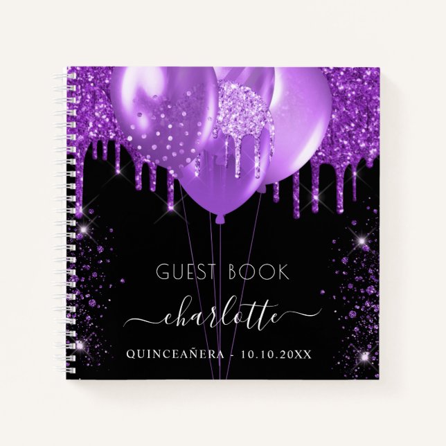 Guest book Quinceanera black purple glitter name (Front)