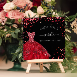 Guest book Quinceanera black red dress glitter