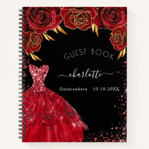 Guest book Quinceanera black red glitter dress