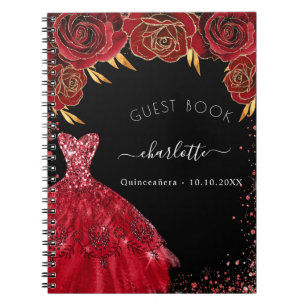 Guest book Quinceanera black red glitter dress