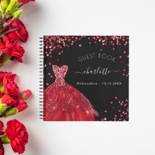 Guest book Quinceanera black red glitter dress