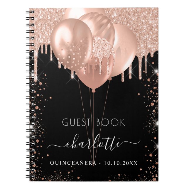Guest book Quinceanera black rose gold balloons (Front)