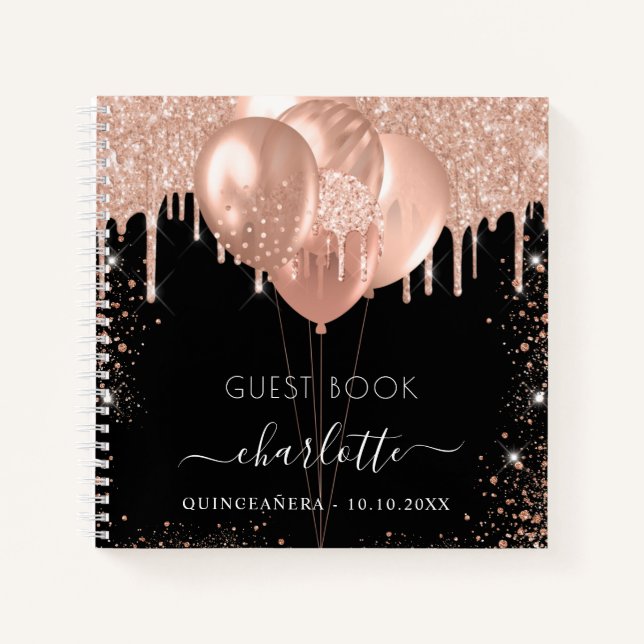 Guest book Quinceanera black rose gold balloons (Front)