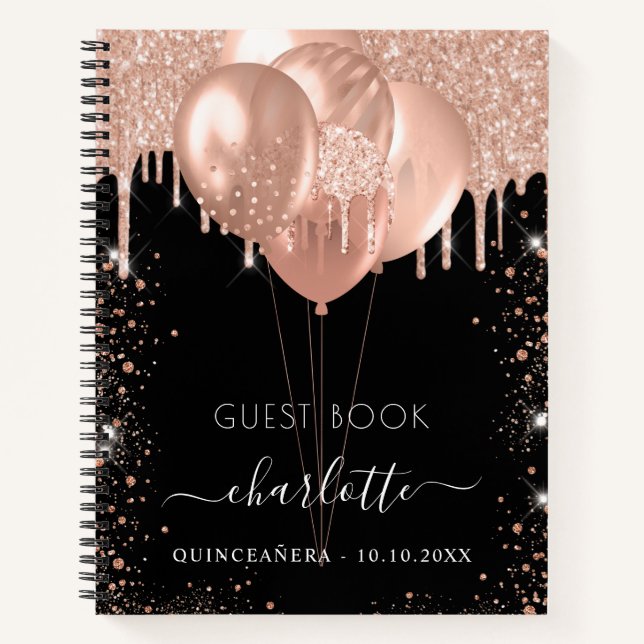 Guest book Quinceanera black rose gold balloons (Front)