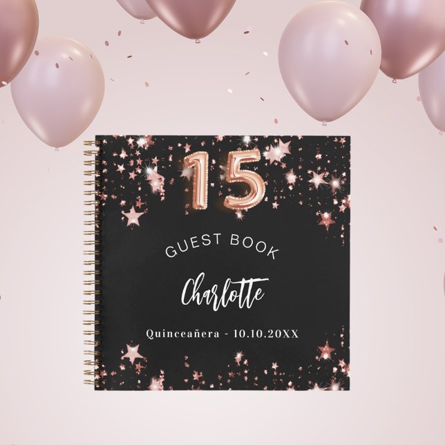 Guest book Quinceanera black rose gold stars (Creator Uploaded)