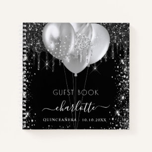 Guest book Quinceanera black silver glitter name