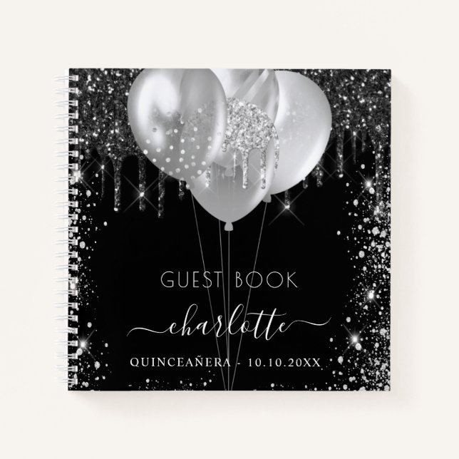 Guest book Quinceanera black silver glitter name (Front)