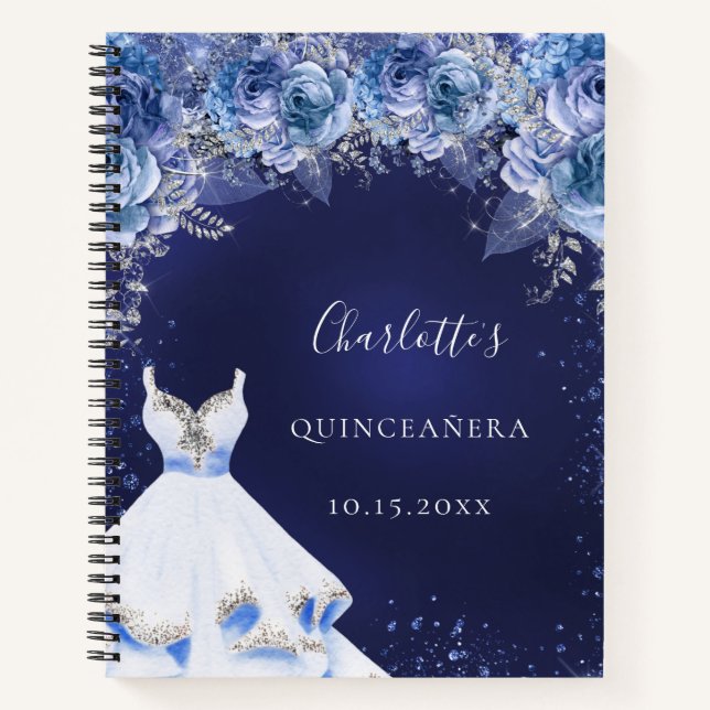 Guest book Quinceanera blue glitter dress floral (Front)
