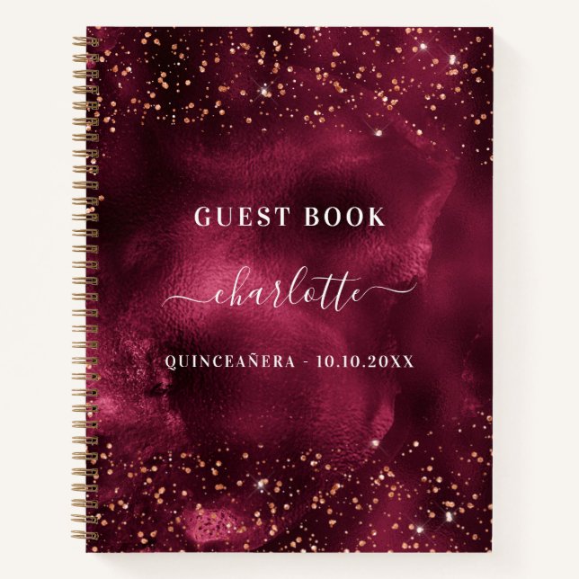 Guest book Quinceanera burgundy rose gold glitter (Front)