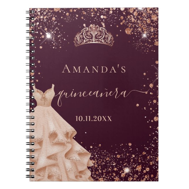Guest book Quinceanera burgundy rose gold tiara (Front)